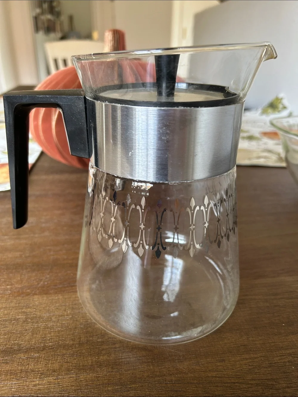 Pyrex MCM vintage Clear Glass Coffee Server with Black Handle and Silver Band
